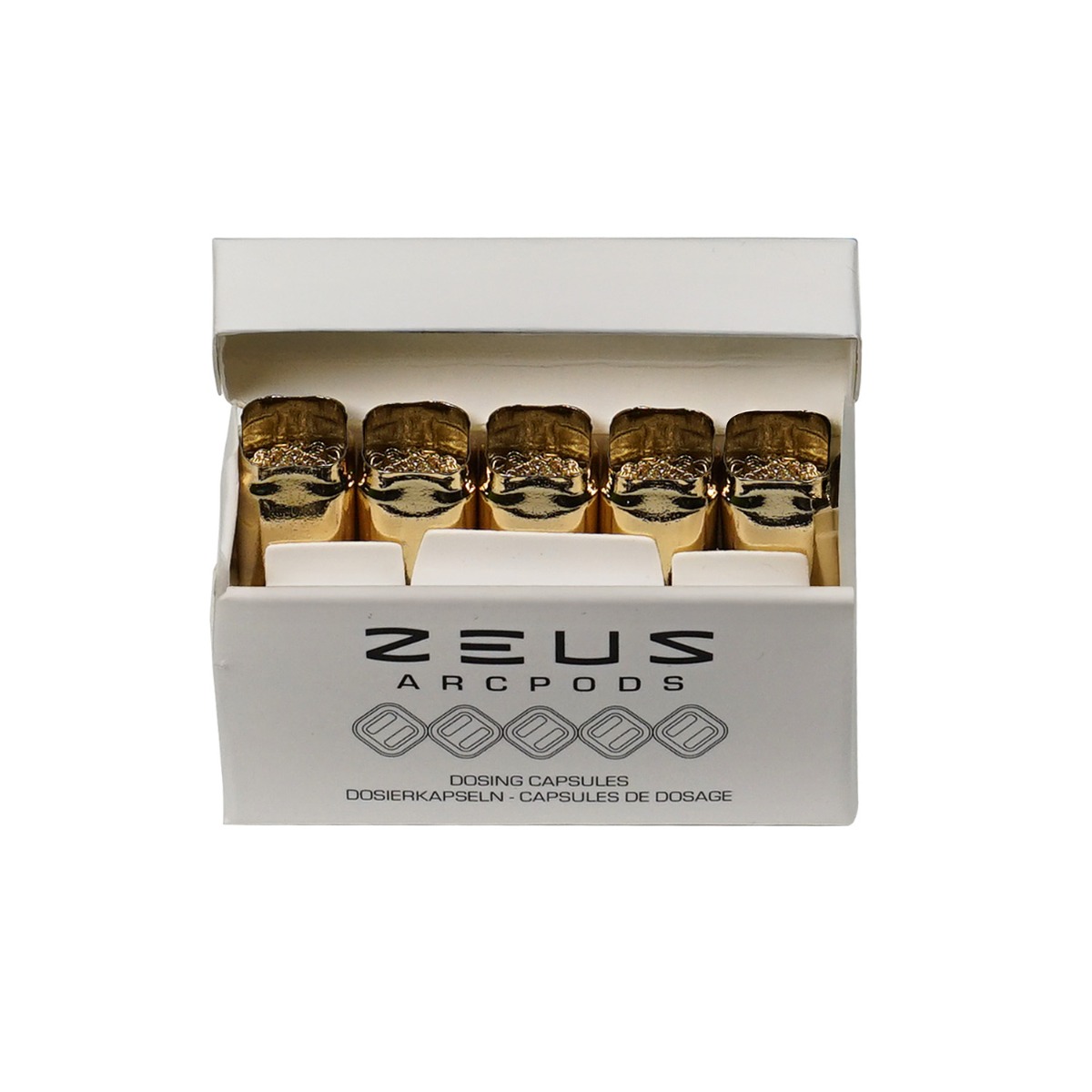 Box mit den Zeus WaxPods GT, in der eine Reihe goldener, zylindrischer Pods in einer bestimmten Reihenfolge angeordnet sind.