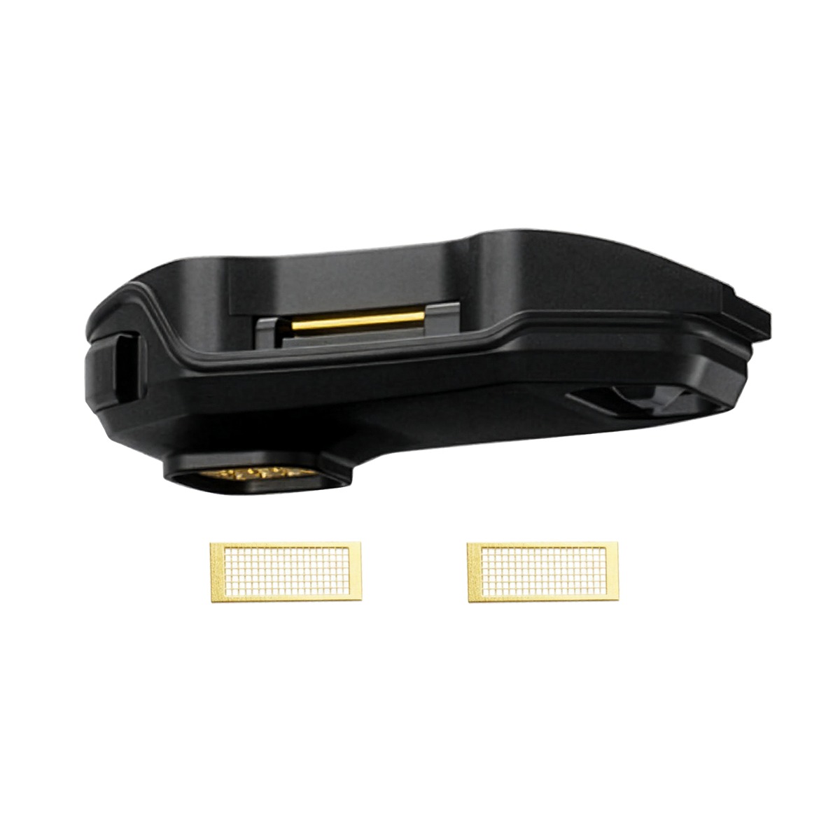 Black Zeus Arc GT4 mouthpiece featuring gold connectors, accompanied by two GT Heat Sink Screens for optimal performance.