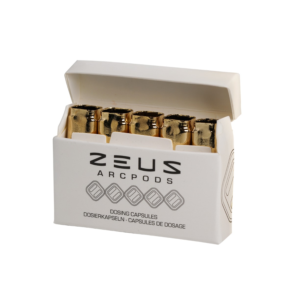 Weiße Verpackung mit mehreren goldenen Zeus ArcPods GT Dosierkapseln, auf deren Vorderseite deutlich das Logo „ZEUS ARCPODS” zu sehen ist.