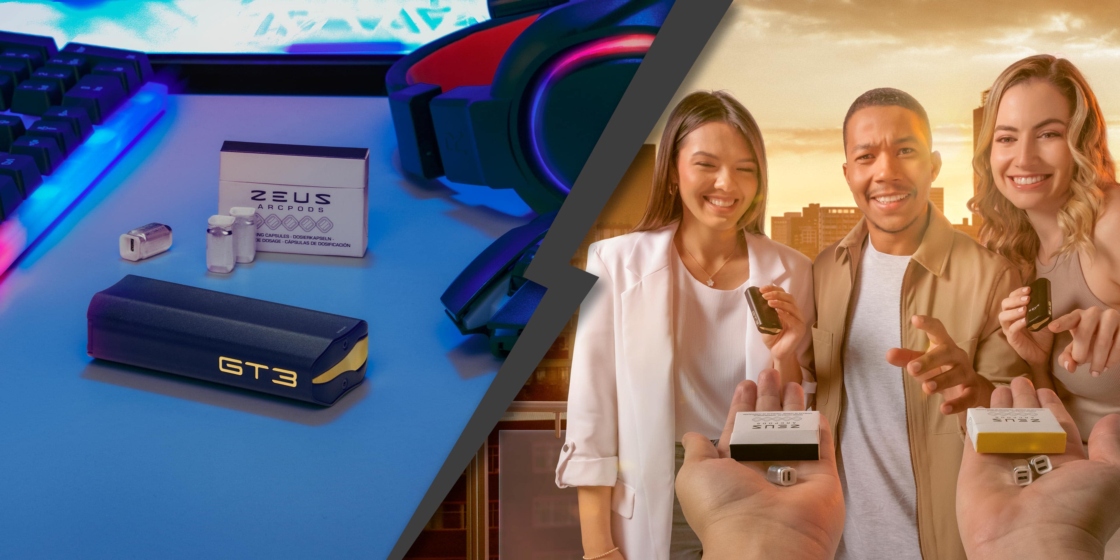 Left Side: The Zeus Arc GTS & ArcPod System incorporate themselves into a modern day gaming setup. Ready to be used, ready to play with. - Right Side: A group of friends get ready to enjoy their Zeus Arc GTS devices on a rooftop bar as the sun sets behind them.