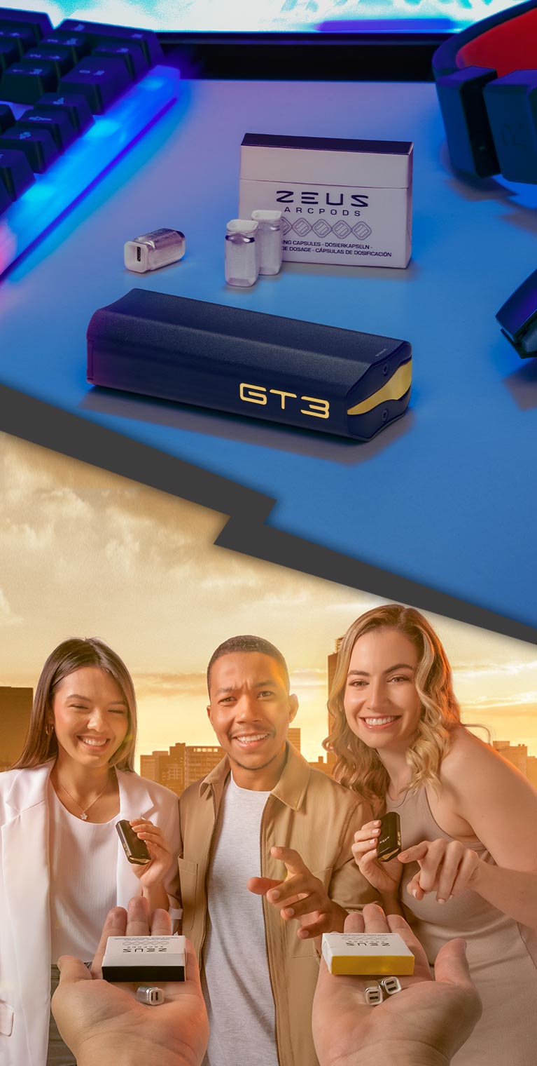 Left Side: The Zeus Arc GTS & ArcPod System incorporate themselves into a modern day gaming setup. Ready to be used, ready to play with. - Right Side: A group of friends get ready to enjoy their Zeus Arc GTS devices on a rooftop bar as the sun sets behind them.