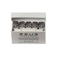 Der Zeus WaxPods-Behälter zeigt eine Reihe silberner, zylindrischer Kapseln, auf denen das „Zeus Arc”-Logo drauf ist.