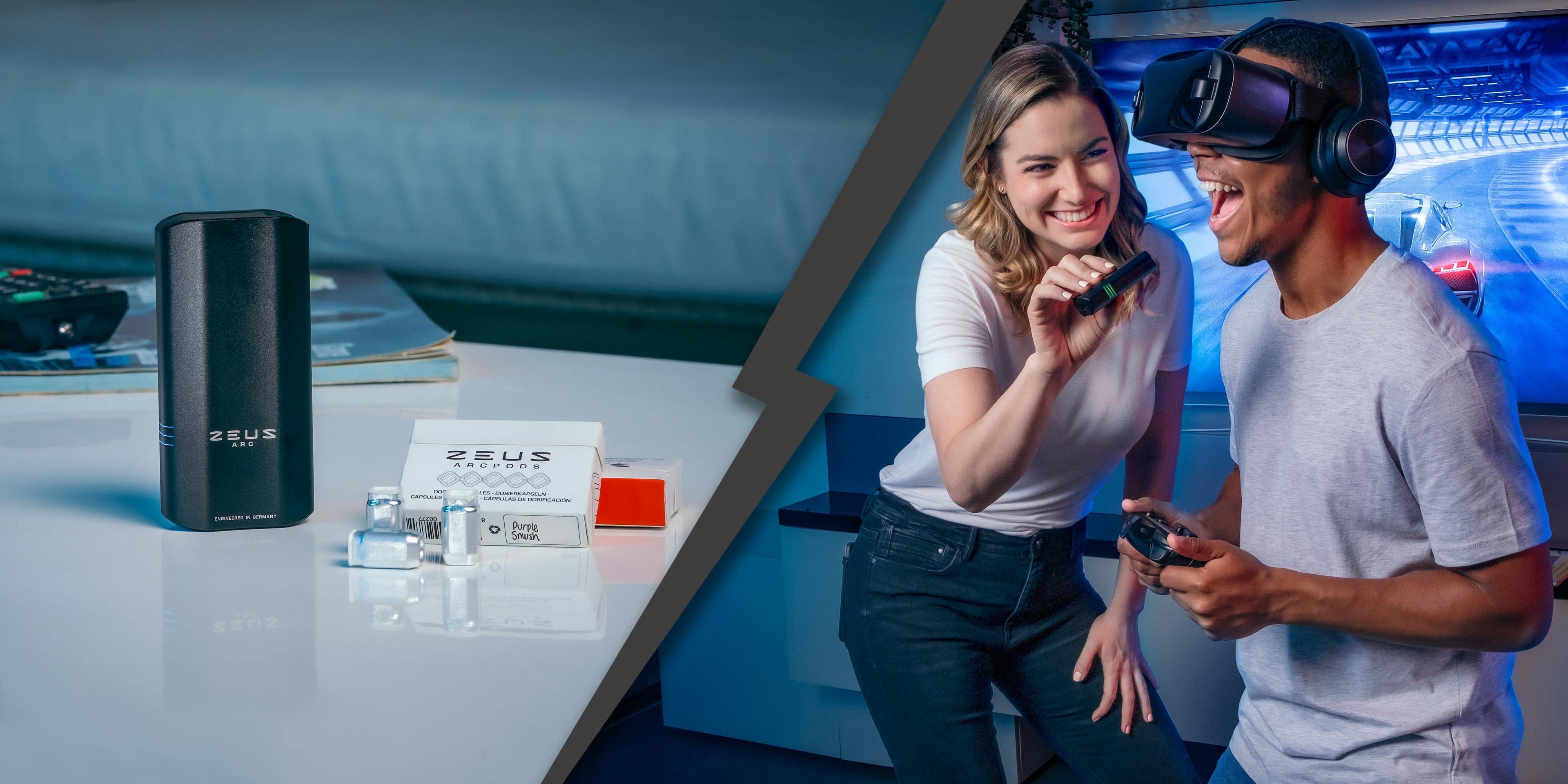 Left Side: A close-up of the Zeus Arc S & ArcPod System on a living room table. Ready for Play. Right Side: A woman eagerly awaits her turn to game on an Oculus and helps her partner enjoy a quick Zeus Arc S session in between levels.