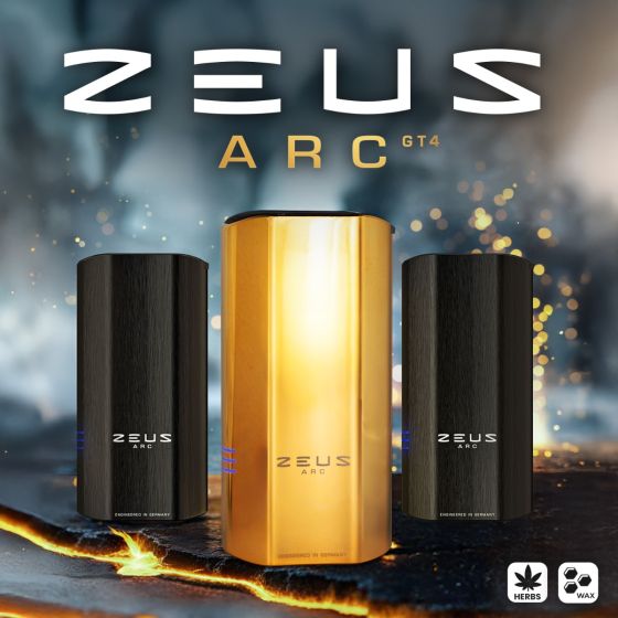 Premium Zeus Arc GT4 portable vaporizer showcased over a molten lava backdrop — high-end vaporizer built for dry herbs and concentrates.