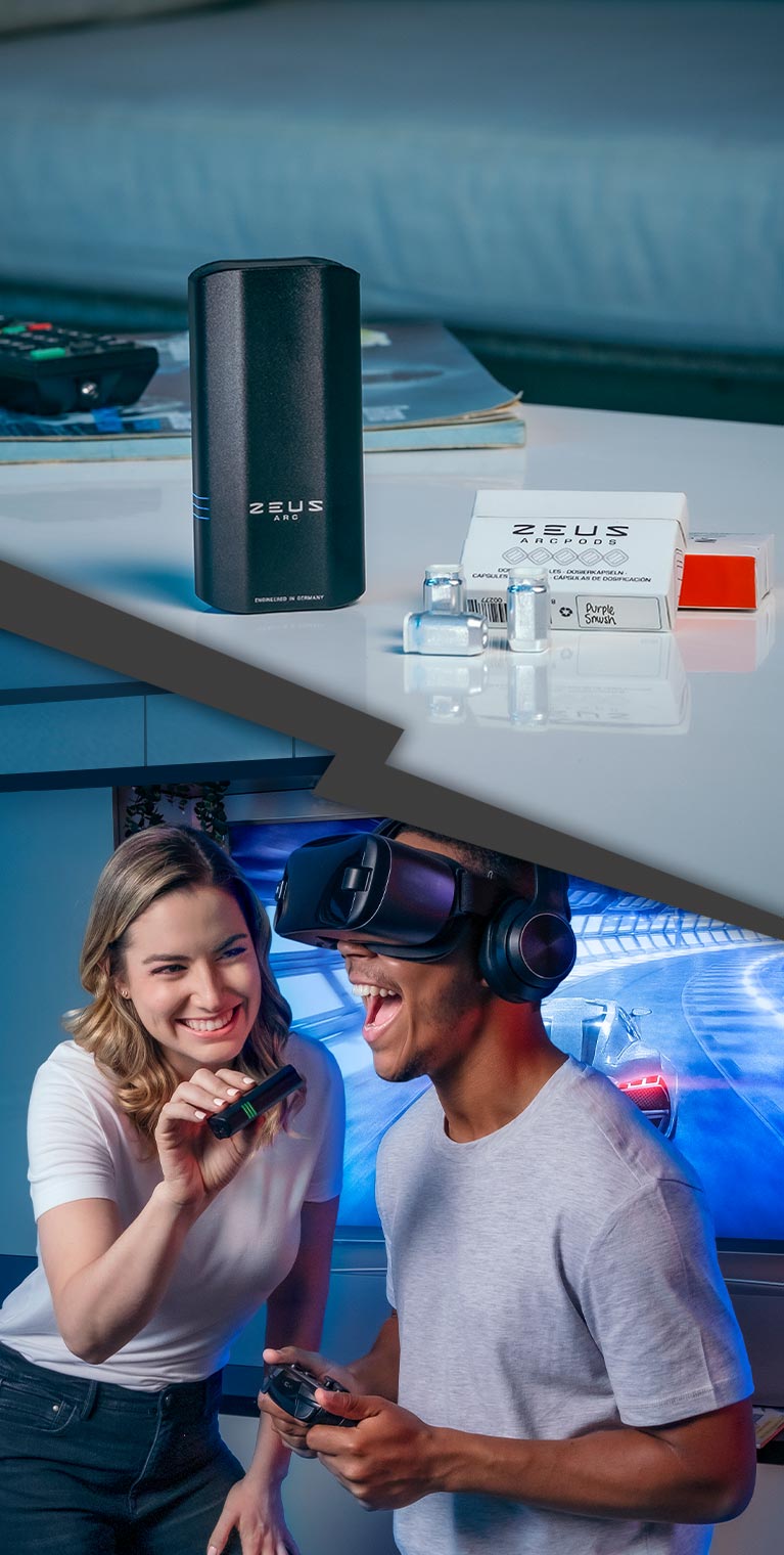 Left Side: A close-up of the Zeus Arc S & ArcPod System on a living room table. Ready for Play. Right Side: A woman eagerly awaits her turn to game on an Oculus and helps her partner enjoy a quick Zeus Arc S session in between levels.