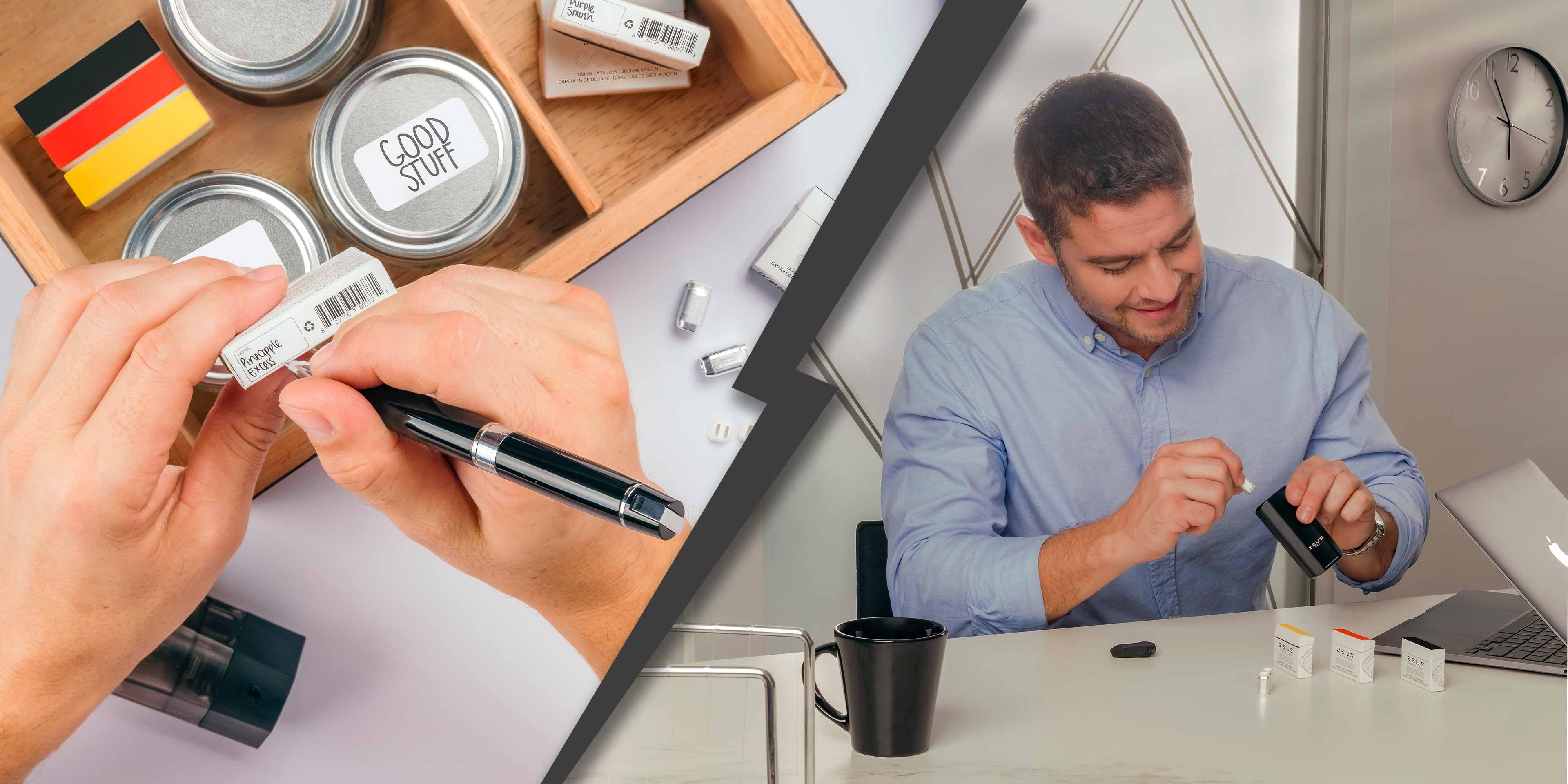 Left Side: Sealed ArcPods are put into an ArcPod box and labeled with the Strand name of the Good Stuff for later. Right Side: A man drops an ArcPod into his Zeus Arc as his workday finishes and he gets ready to go home.