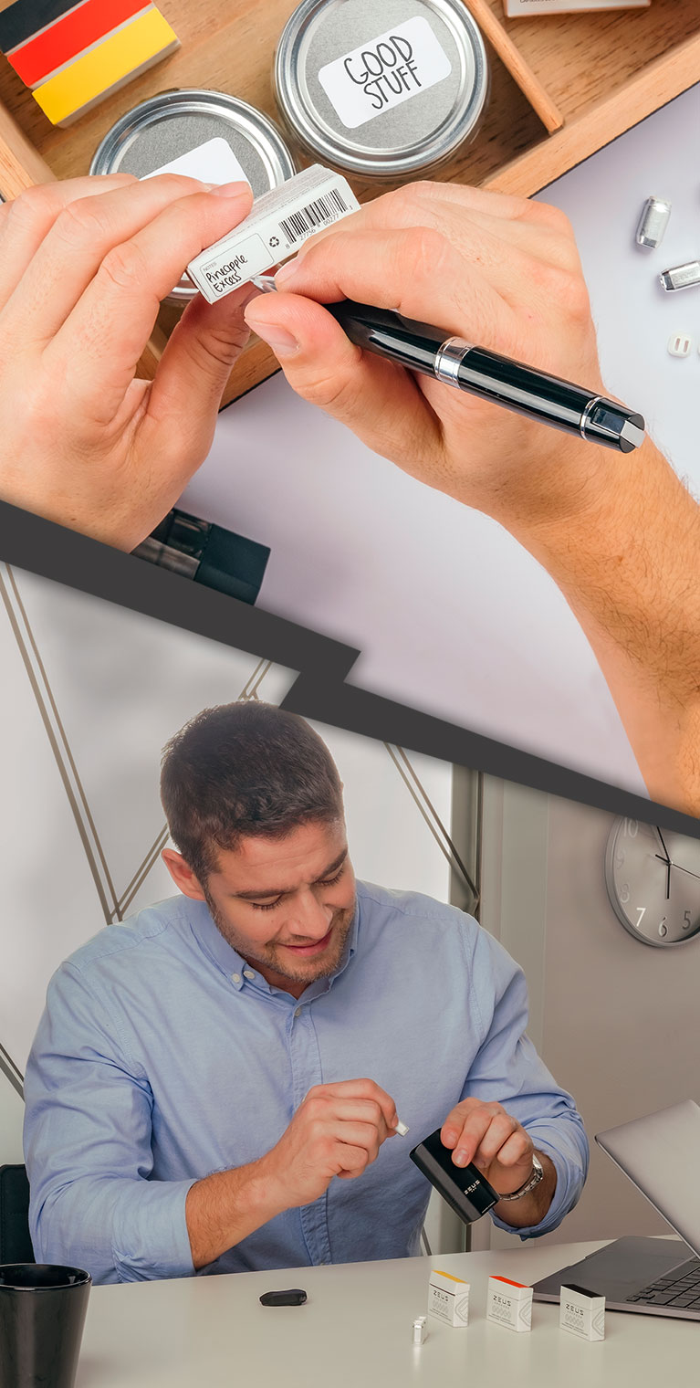 Left Side: Sealed ArcPods are put into an ArcPod box and labeled with the Strand name of the Good Stuff for later. Right Side: A man drops an ArcPod into his Zeus Arc as his workday finishes and he gets ready to go home.